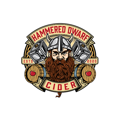 Fantasy cider logo apple barrel beard braid brand identity cider dwarf fantasy graphicdesign hammer helmet horn illustration logo logodesign