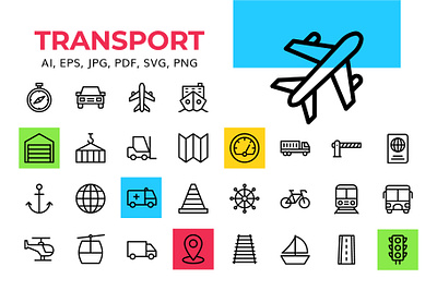 Transport Icon set Available abulance anchor barrier bicycle boat business car chair lift cone container garage helicopter icon set line icon location pin steering train transport van vans