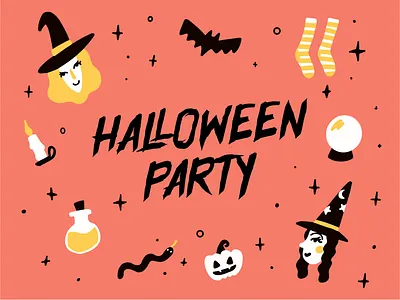 Halloween Party Illustration candle card design crystal ball halloween halloween party illustration potions pumpkin socks witch