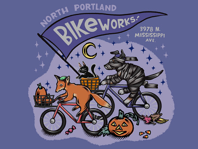 Bike works Halloween autumn bike shop bikers bikes bikeworks candy corn creatures fall fox halloween illustration jack o lantern lettering mummy portland procreate pumpkin sparkles stars