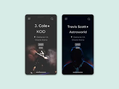 Daily UI 070 2021 artists concert concert design daily ui daily ui 070 dailyuichallenge event booking event listing event listing design events figma hip hop j cole music rap travis scott ui ux