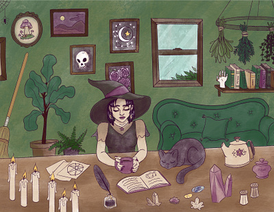 Autumn Cottage Witch cat creepy crow fall green halloween illustration october procreate purple third eye witch