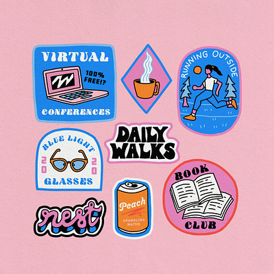 Work From Home badges: October edition! badge badgedesign book club bright gif healthy lifestyle illustration lettering mental health patch playful quarantine running self care stickers virtual work from home