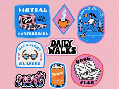 Work From Home badges: October edition! badge badgedesign book club bright gif healthy lifestyle illustration lettering mental health patch playful quarantine running self care stickers virtual work from home