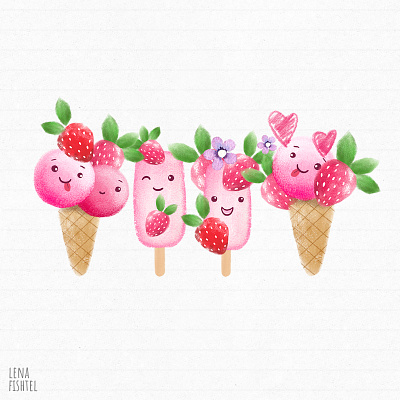 Happy Strawberry design fun ice cream icecream illustration illustration art illustrations kids art kids illustration minimal photoshop pink strawberry