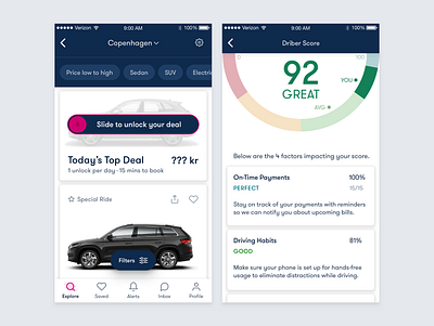 Car Subscription App Design - Slide to unlock & Driber score denmark gamification mobile ui startup