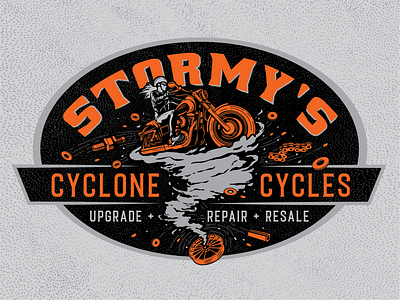 Stormy's Cyclone Cycles badge biker black body shop detailed harley illustration illustrative logo motorcycle orange repair t shirt tornado vintage