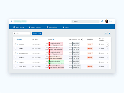 Teacher Dashboard Redesign adobe xd class progress classroom management dashboard ui data table elearning expanded row lesson progress manage students online learning product design prototyping student progress tab navigation teacher dashboard ui wireframes