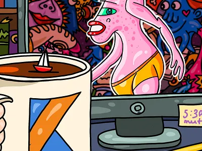 Work in progress character drawing illustration pink room screen story workspace