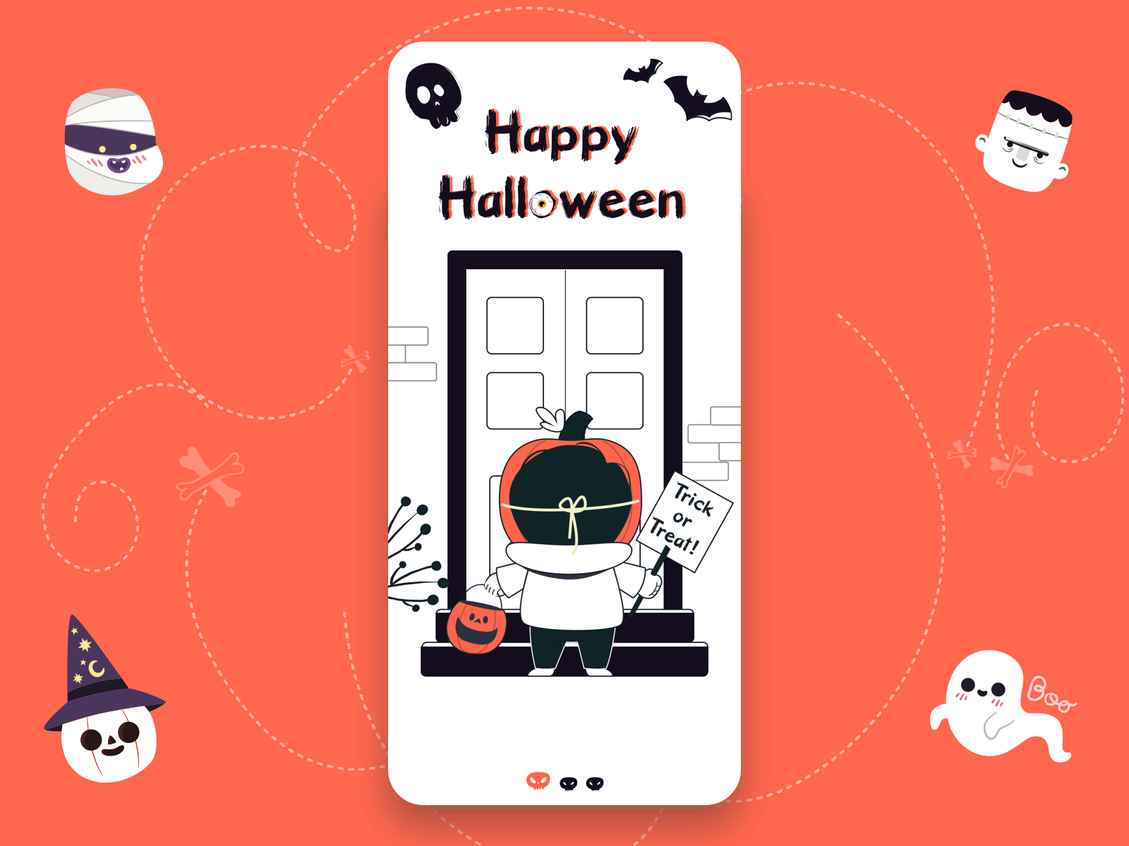 Happy Halloween 2d animated art color design door exploration ghost gif halloween hand drawn illustration minimal mobile splash trick or treat ui ux vector website