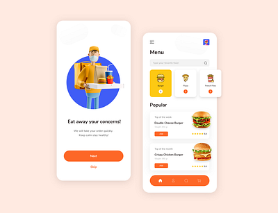 Food delivery 3d human app confinement covid 19 design food food delivery hamburger home screen icon onboarding pandemic pizza shot ui