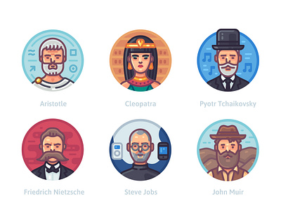 Famous historical figures. Part 2 aristotle artwork beard cleopatra face famous figure flat icon illustration individual iphone ipod man people portrait steve jobs vector vector art women