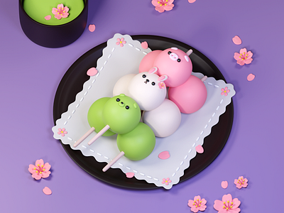 Dango! 3d art bear blender character cute cute animal cute art dango design food food illustration pig rabbit sakura