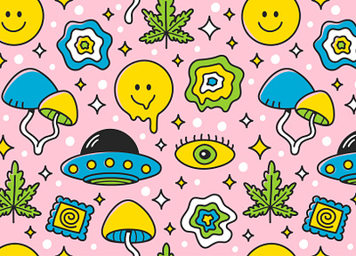 Trippy pattern acid alien cartoon character concept crazy dope eye good vibes hippie illustration magic marijuana mushrooms seamless pattern smile trip trippy ufo weed