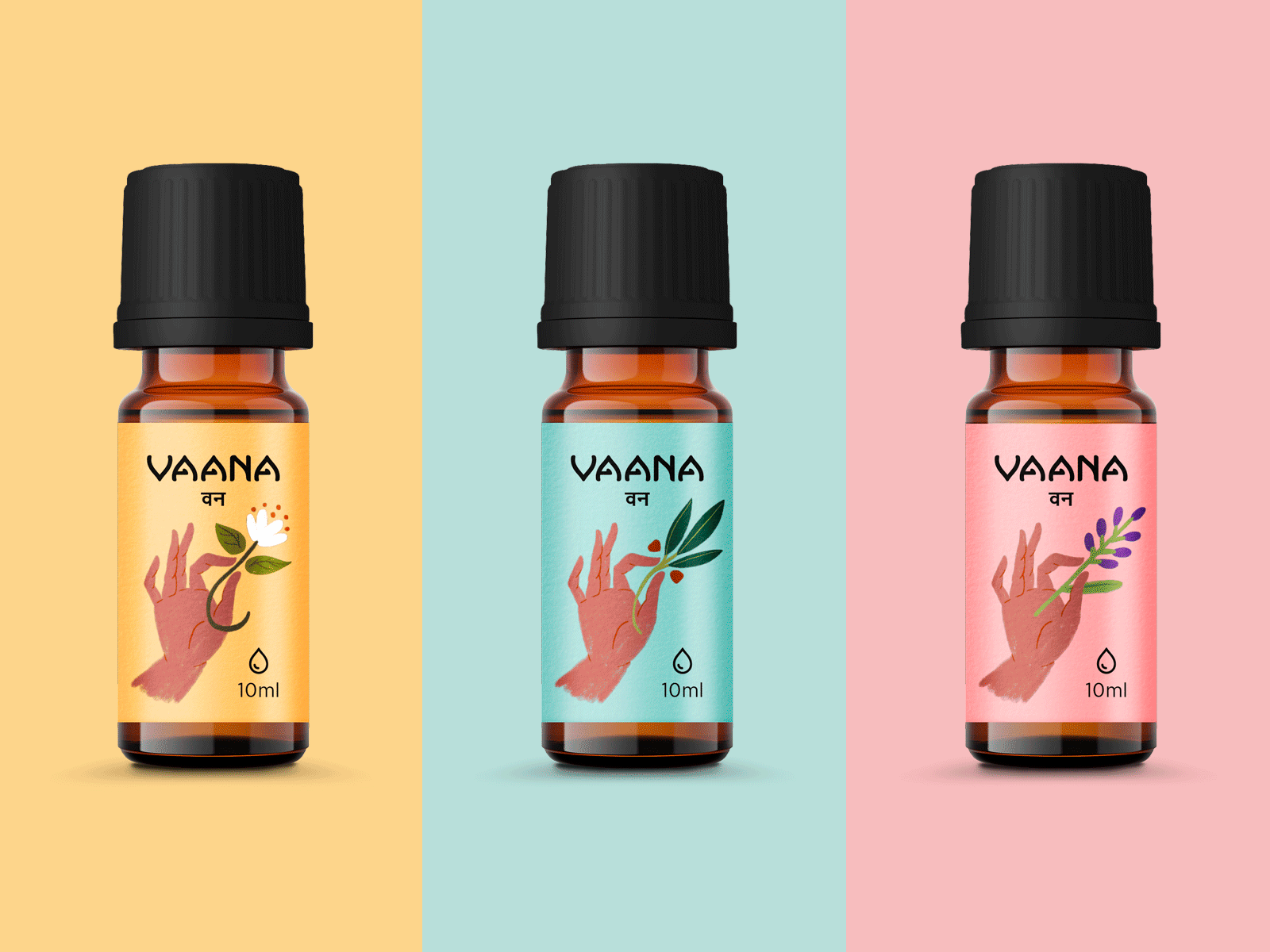 Vaana - Essential Oil Label ayurveda ayurvedic brand brand identity branding care colorful essential oil hand illustration india label labels logo logotype minimal packaging simple type visual identity