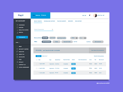 PayU Dashboard adobe xd dashboad dashboard design dashboard ui xd design