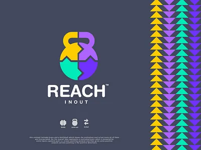 Reach In Out - Logo Design arrows brain brain health brainstorming brand identity brand identity design branding case study colorful logo dribbble best shot input inspiration kettle bell kettlebell logo logo logo design logotype designer motivation output typography