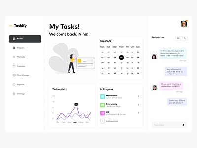 Taskify | Task Management Dashboard animation branding calendar calendar ui chat box design figma figmadesign illustration illustrator management management app sketch sketchapp sketches task list task management task management app task manager vector