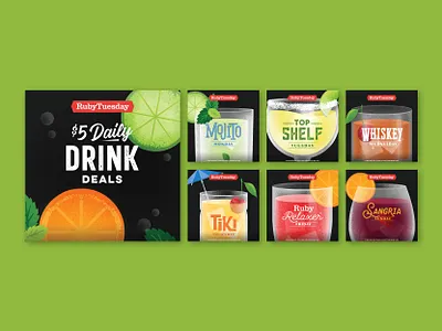 Ruby Tuesday Happy Hour design drink drinks food happy hour illustration lockups social campaign