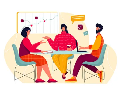 Office meeting brainstorm career cgart conversation discussion employment flat girl graphic illustration man cartoon managment office people woman