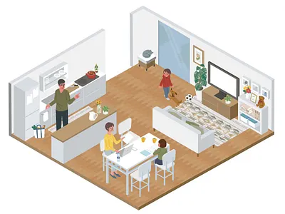Isometric illustration of a family doing a "stay home" adobestock isometric kitchen stock illustration vector イラスト ノートパソコン ビジネス 家族