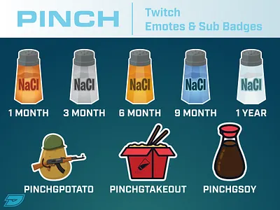 PinchGG Twitch Emotes/Sub Badges badge chat emote gun live livestream potato salt shaker soy soy sauce stream subscribe takeout tier twitch youtube