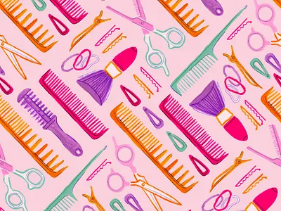 Hair Salon Pattern in Pink barber beauty gouache hair hair salon painting pattern design pink repeat pattern surface design surface pattern