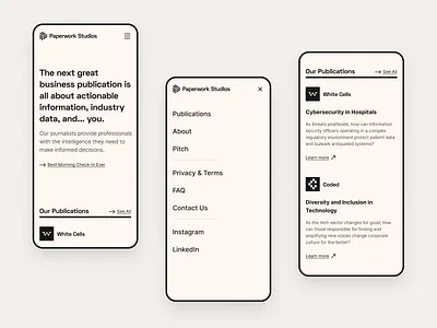 Paperwork Studios website - mobile articles brutalist clean faq journalism landing page menu midcentury minimal mobile mobile website modernist publications typographic typography ui ui design ui ux ux website