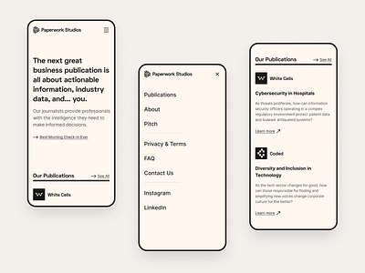 Paperwork Studios website - mobile articles brutalist clean faq journalism landing page menu midcentury minimal mobile mobile website modernist publications typographic typography ui ui design ui ux ux website