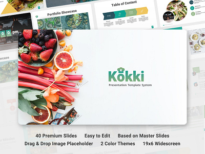 Kokki - Food Business PowerPoint Template agency artist business client company corporate creative design designer desk development digital google slides graphic idea investor job keynote laptop office