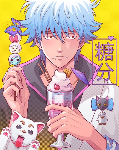 Sweet Gintoki adobe illustrator anime cartoon colorful gintama illustration japanese male pop art portrait portrait illustration sakata gintoki vector vector illustration yellow