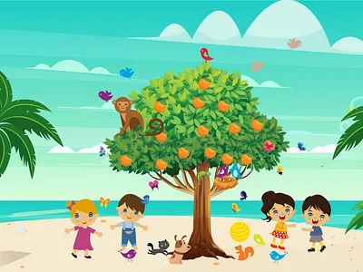 Simple children book illustration for client apple application beach beachball bird child children children book children book illustration childrens childrens book childrens illustration coloringbook dog kitty monkey orange orange tree palmtree tree