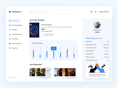 Book Log Dashboard | UI Exploration book book lover dashboad design figma icon illustration minimal reading ui vector web