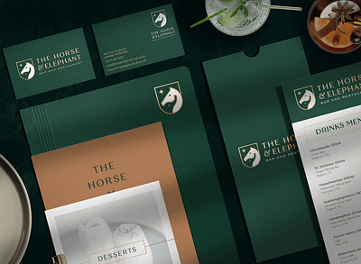 The Horse & Elephant Bar & Restaurant luxury stationery brand identity brand identity design branding business card designer for hire elegant elephant graphic design green horse logo logo design luxury logo monogram stationery