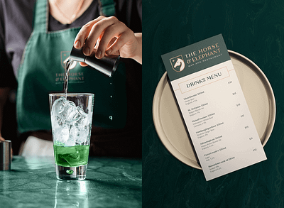 The Horse & Elephant Branding and Menu Design bar brand identity brand identity design branding business card design designer for hire drink elephant graphic design green logo logo design luxury luxury logo menu menu design monogram restaurant stationery