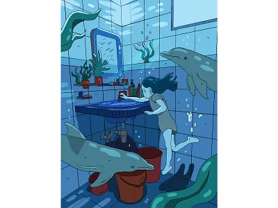 Bathroom adventure adventure art artwork bathroom character color design digital digital art digital drawing digital illustration dolphin drawing girl illustration vector