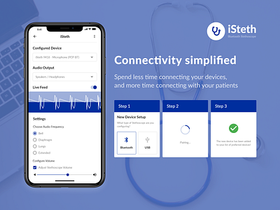 iSteth Bluetooth Stethoscope adobe xd concept health healthcare medical mobile stethoscope ui design