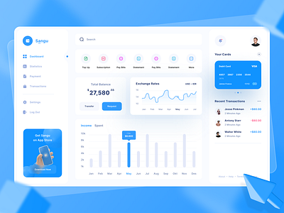 Sangu - Finance Dashboard 3d app bank bank card blue chart clean dashboard design finance gradient illustration mobile statistic ui uidesign uiux uiuxdesign uxdesign web