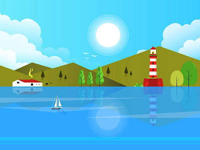 Landscape Vector Illustration adobe illustrator beauty boat clouds design explore graphic art graphic design illustration landscape lighthouse nature places sky travel vector
