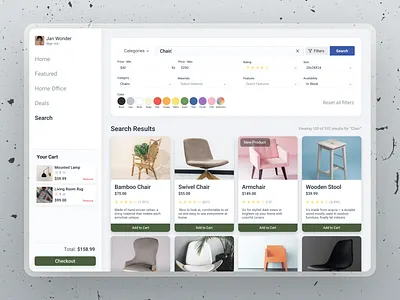 Furniture Site - Search cart chair checkout color design filter furniture search ui ux web