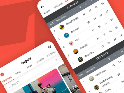 Huddle mobile app app basketball clean football horizontal league mobile results rugby sports standing table team tournament