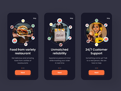 Dark Mode Food Delivery App Onboarding Screen animation branding design foodapp fooddelivery graphic design illustration mobile typography ui