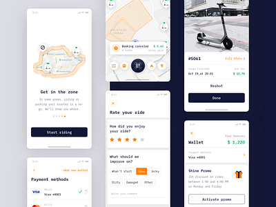 Electric Bikes and Scooters Rental App app design bike map payment payment method profile promo rental scooter sharing economy survey wallet