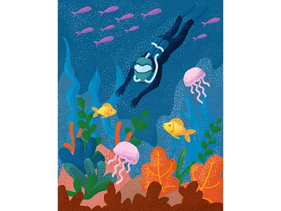 the diver goes down under the water and sees the colorful sea animal animals aqua aquarium aquatic background blue bright cartoon colorful crab design diving exotic fish graphic illustration vector vector illustration vectorart