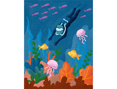 the diver goes down under the water and sees the colorful sea animal animals aqua aquarium aquatic background blue bright cartoon colorful crab design diving exotic fish graphic illustration vector vector illustration vectorart