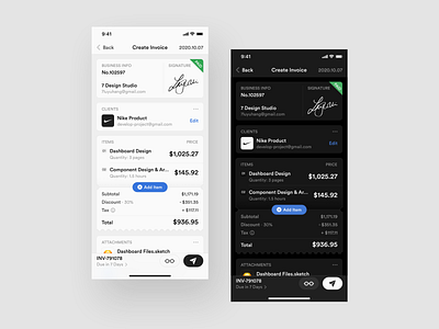 Create Invoice Concept app application card concept create dark design invoice invoice design invoice funding invoice template invoices layout light platform signature sketch ui