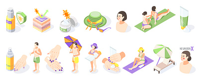 Sunscreen recolor set creams illustration isometric people sun protection sunscreen vector