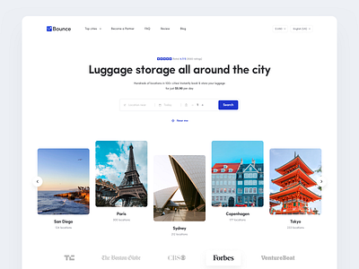 Bounce Landing page 3.0 card view custom search bar hero section landing page landing page hero landing page ui location card view luggage landing page luggage storage minimal landing page near me search bar search ui