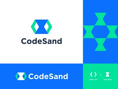 CodeSand Logo brackets branding branding identity code coding colorful development hourglass html css identity logo logo design logotype modern negative space sand clock sand glass startup website websites