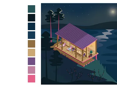Forest house cabin forest house illustration interior isometry nature pines vector